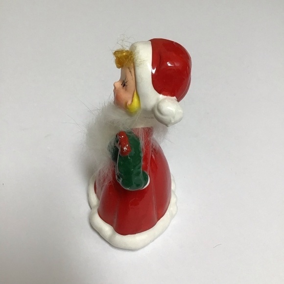 Napco ? Ceramic Christmas Girl Figurine Wreath Hair Fur Red Mrs. Claus Dress VTG - Picture 9 of 14